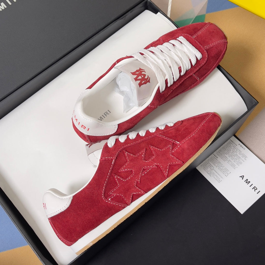 Red suede Amiri sneakers in box, white laces, star embroidery on side
