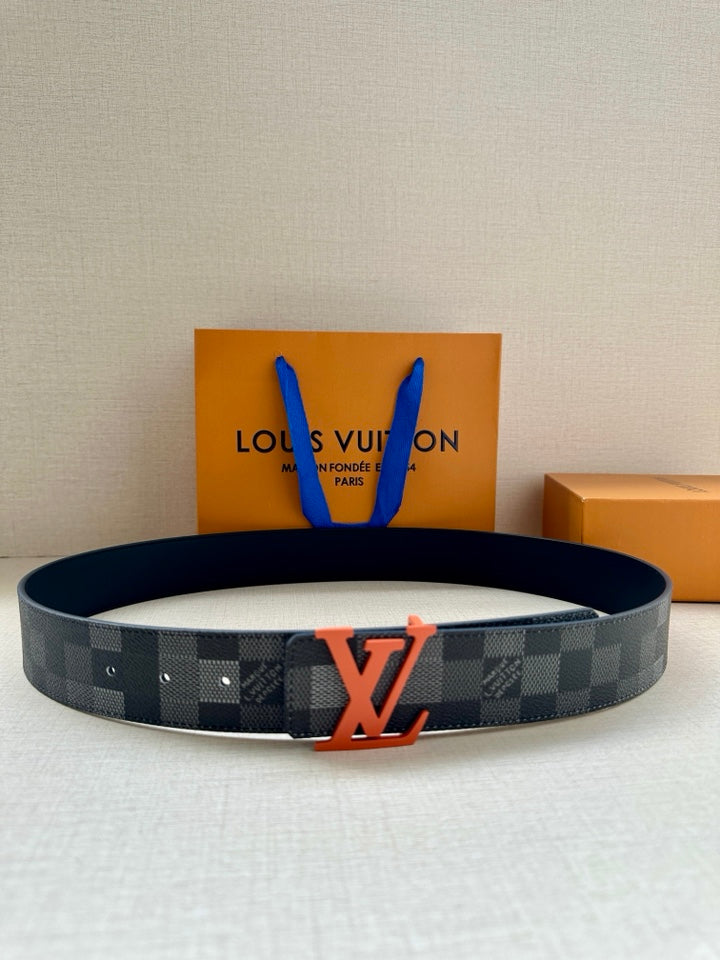 Louis Vuitton checkered canvas belt with orange LV buckle on dark blue strap