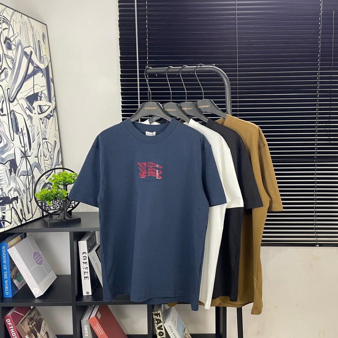 Navy crew-neck T-shirt with red graphic logo on chest