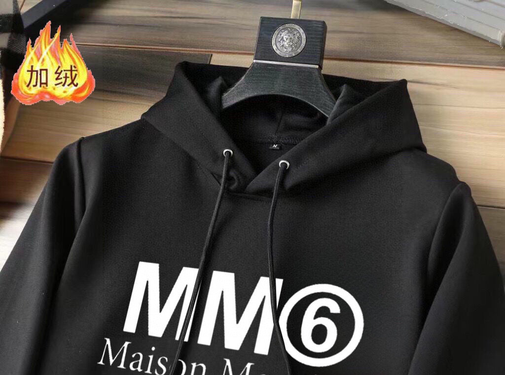 Black MM6 Maison Margiela hoodie front with large logo and drawstring hood