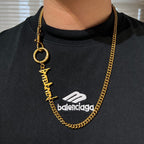 Balenciaga gold logo necklace with ring clasp and layered curb chain