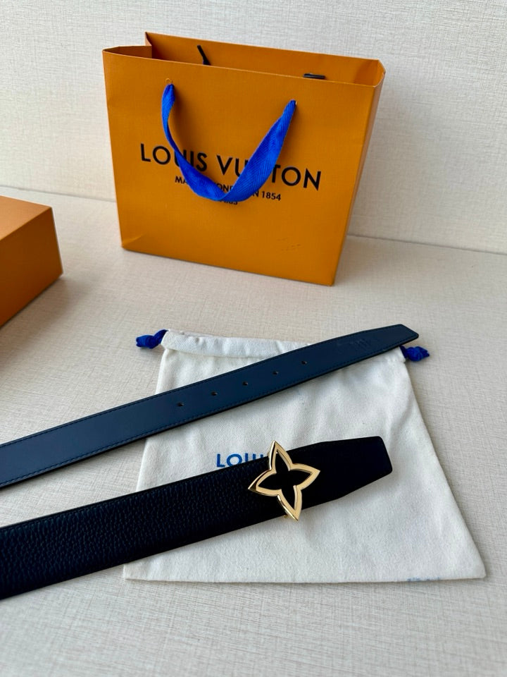 Louis Vuitton leather belt on dust bag, dark blue with star buckle