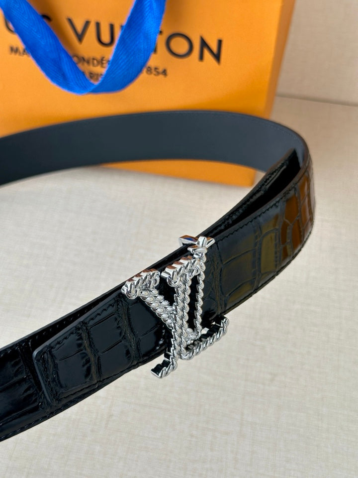 Dark blue croc leather belt with gold-tone LV buckle and chain detail