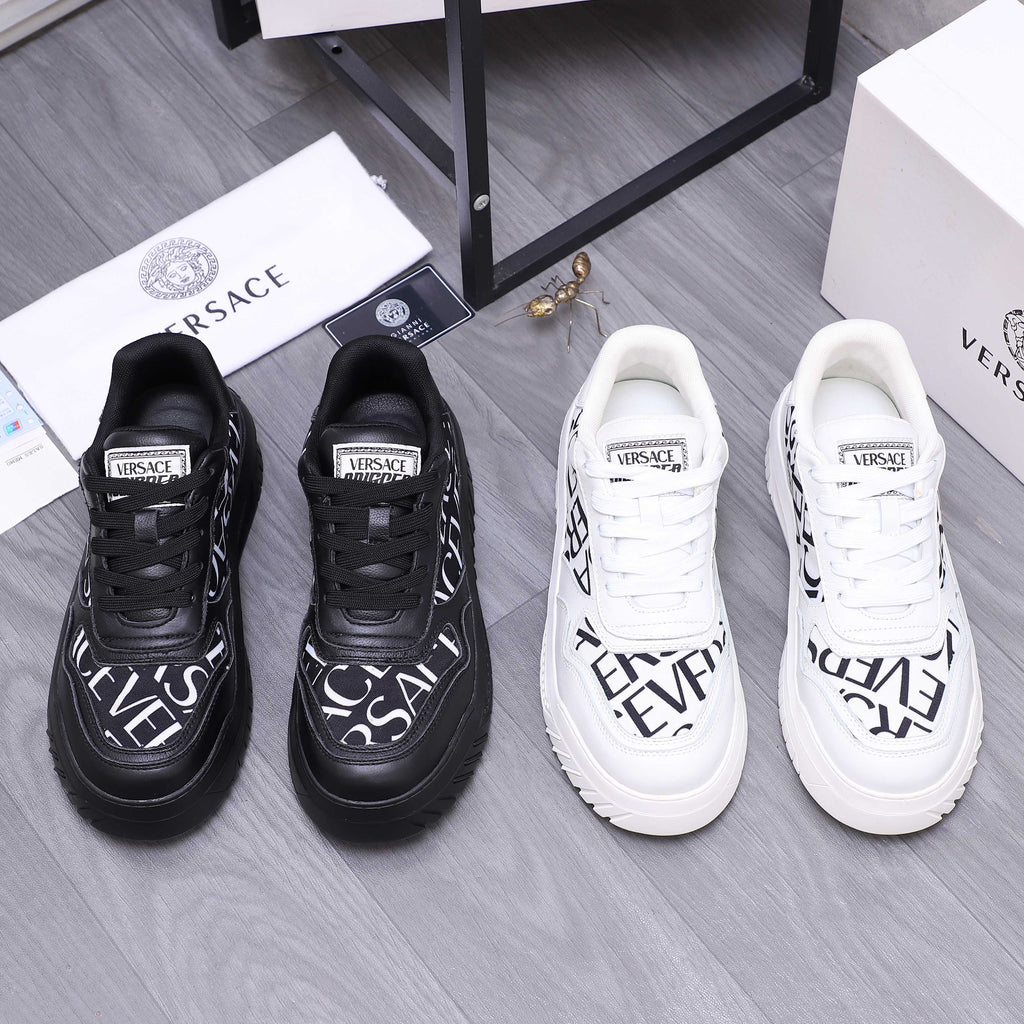 Versace luxury shoes, black and white logo lace-up sneakers with chunky sole