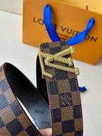 Louis Vuitton belt buckle detail with gold hardware on Damier check strap