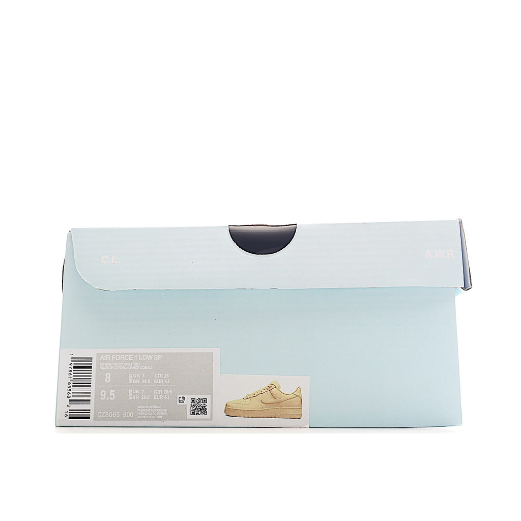 Air Force 1 shoe box with size label and pale yellow sneaker image