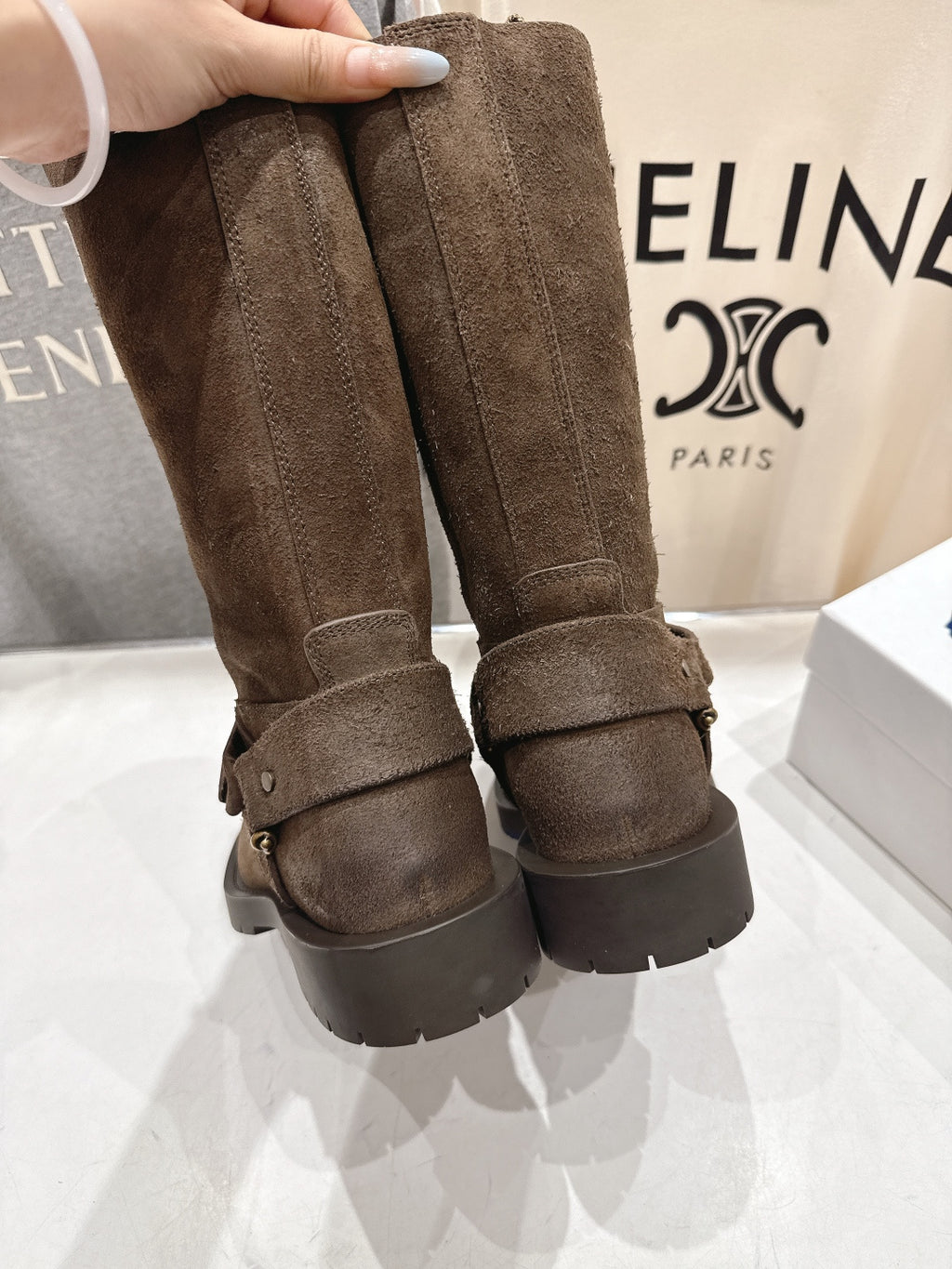Burberry brown suede buckle tall boots, heel view showing rear shaft and sole