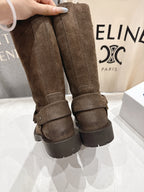 Burberry brown suede buckle tall boots, heel view showing rear shaft and sole