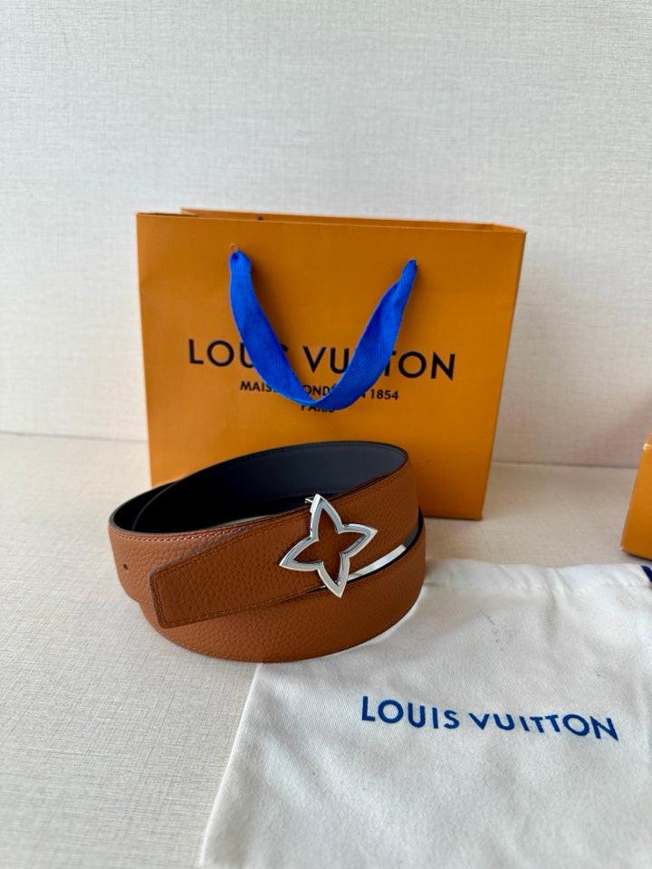 Louis Vuitton brown leather belt with star buckle, dark band behind
