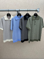 Four short-sleeve polo shirts on hangers: off-white, blue, black, dark green