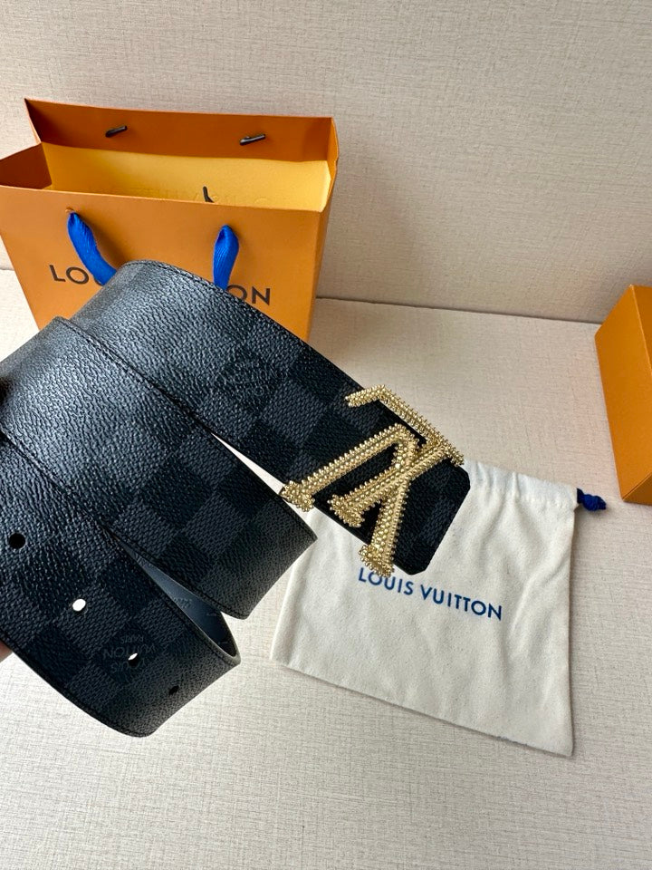 Belt with dark checkered strap, gold-tone LV buckle, and matching dark leather end panel
