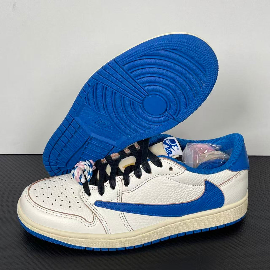 White and blue low-top sneakers showing outsole and lace decoration