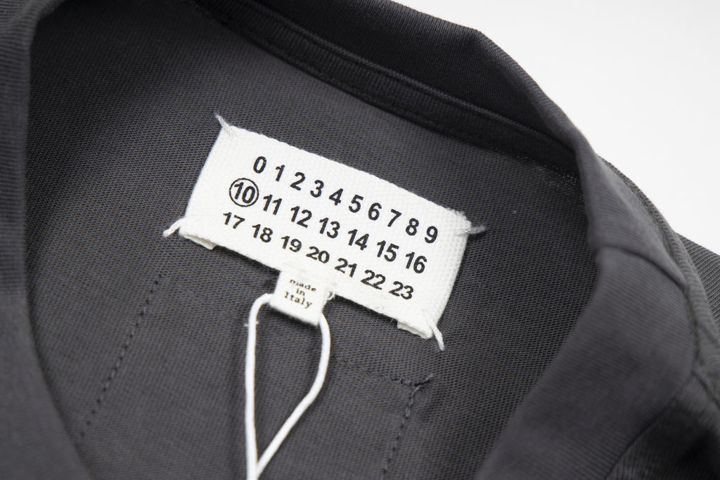 T-shirt interior size label close-up with numbered print