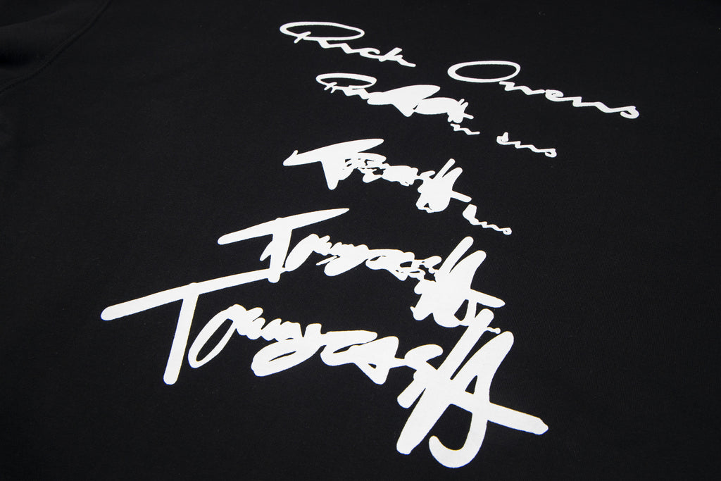 Dark hoodie with large white script logo graphic on chest
