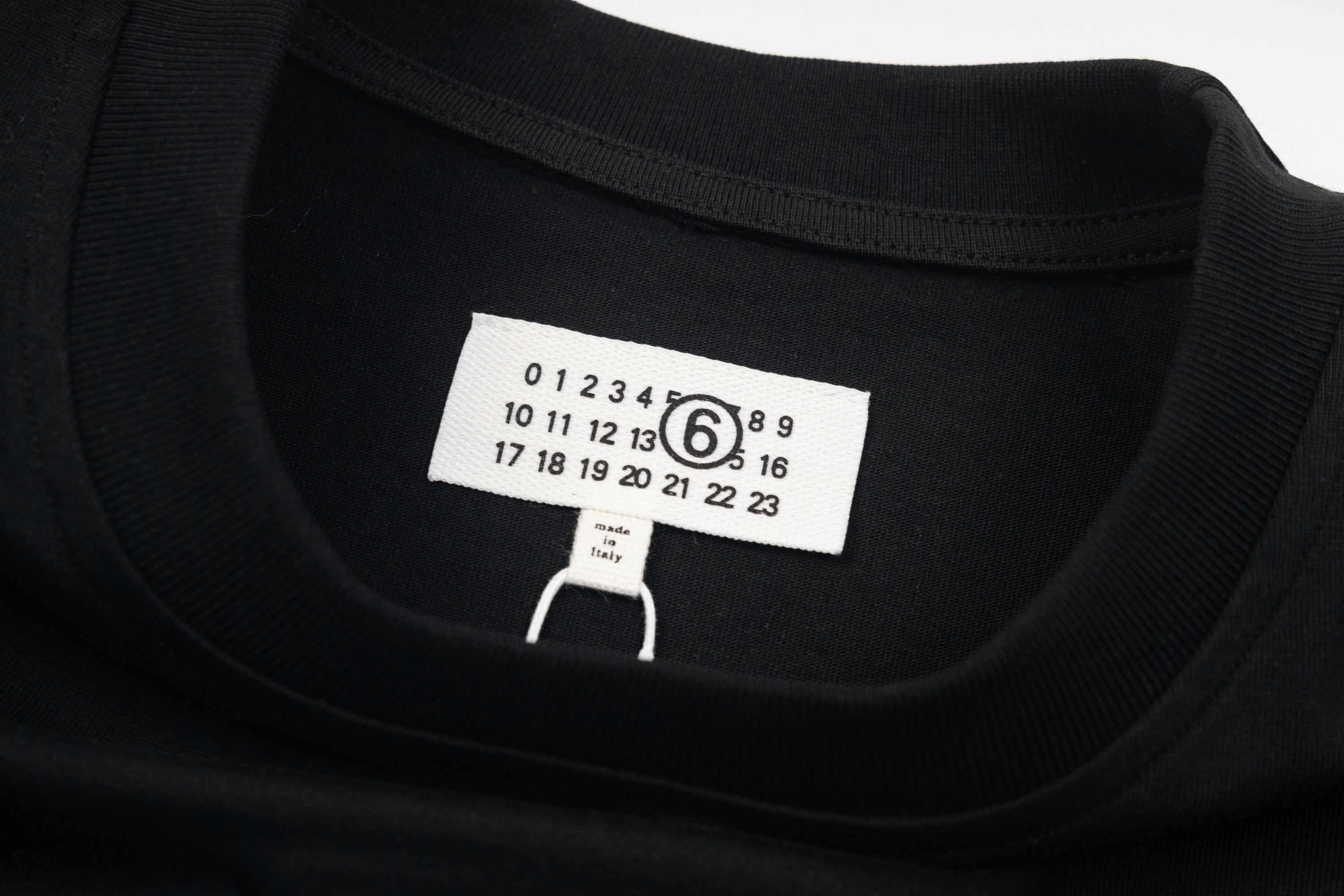 Black crewneck T-shirt neckline with front size label