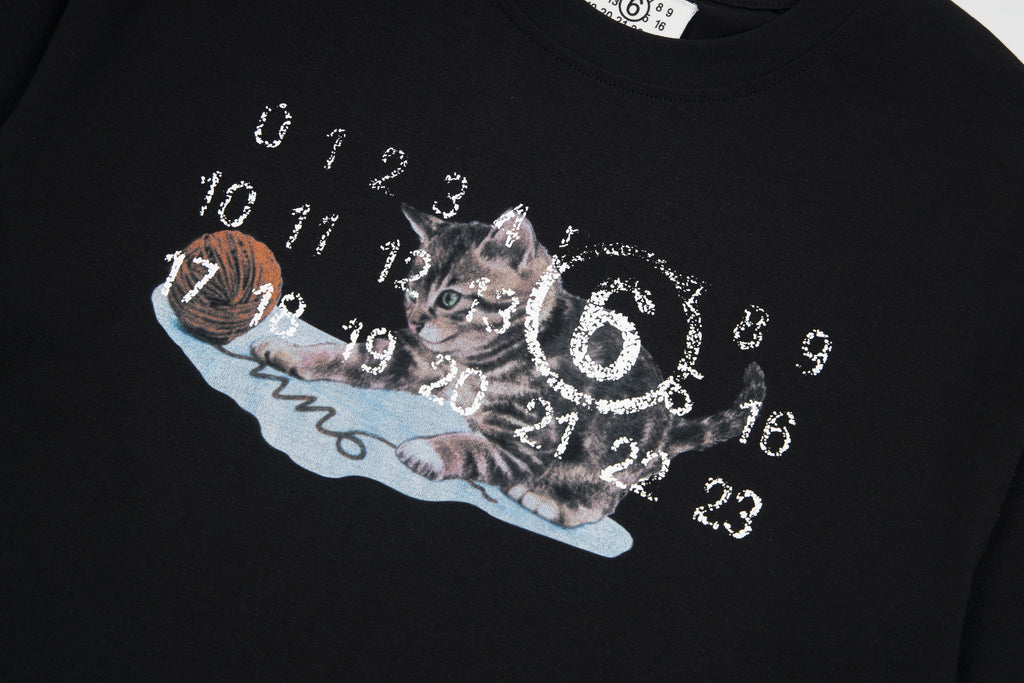 Black crew-neck T-shirt with close-up cat graphic and numbered pattern