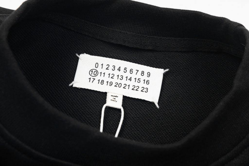 Black sweatshirt neckline with size label and hang tag