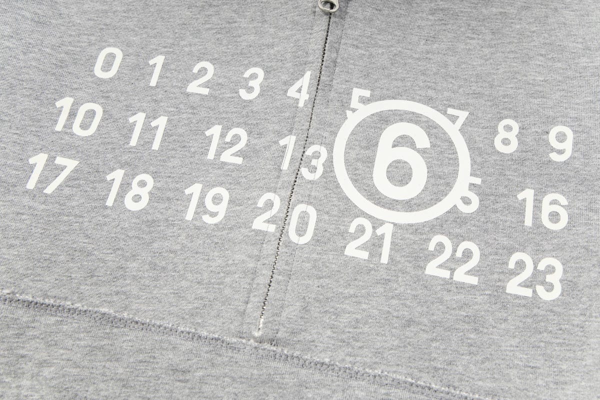 Grey hooded sweatshirt fabric with white number graphic and zipper seam detail