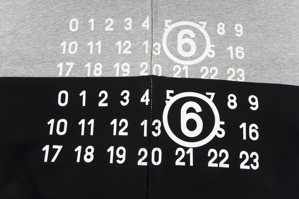 Hooded sweatshirt with number graphic on black and grey front panels