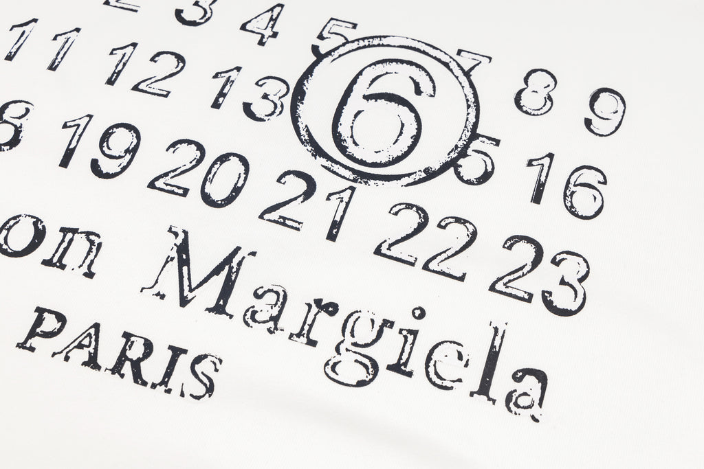 White sweatshirt back graphic with number digits and Maison Margiela PARIS text