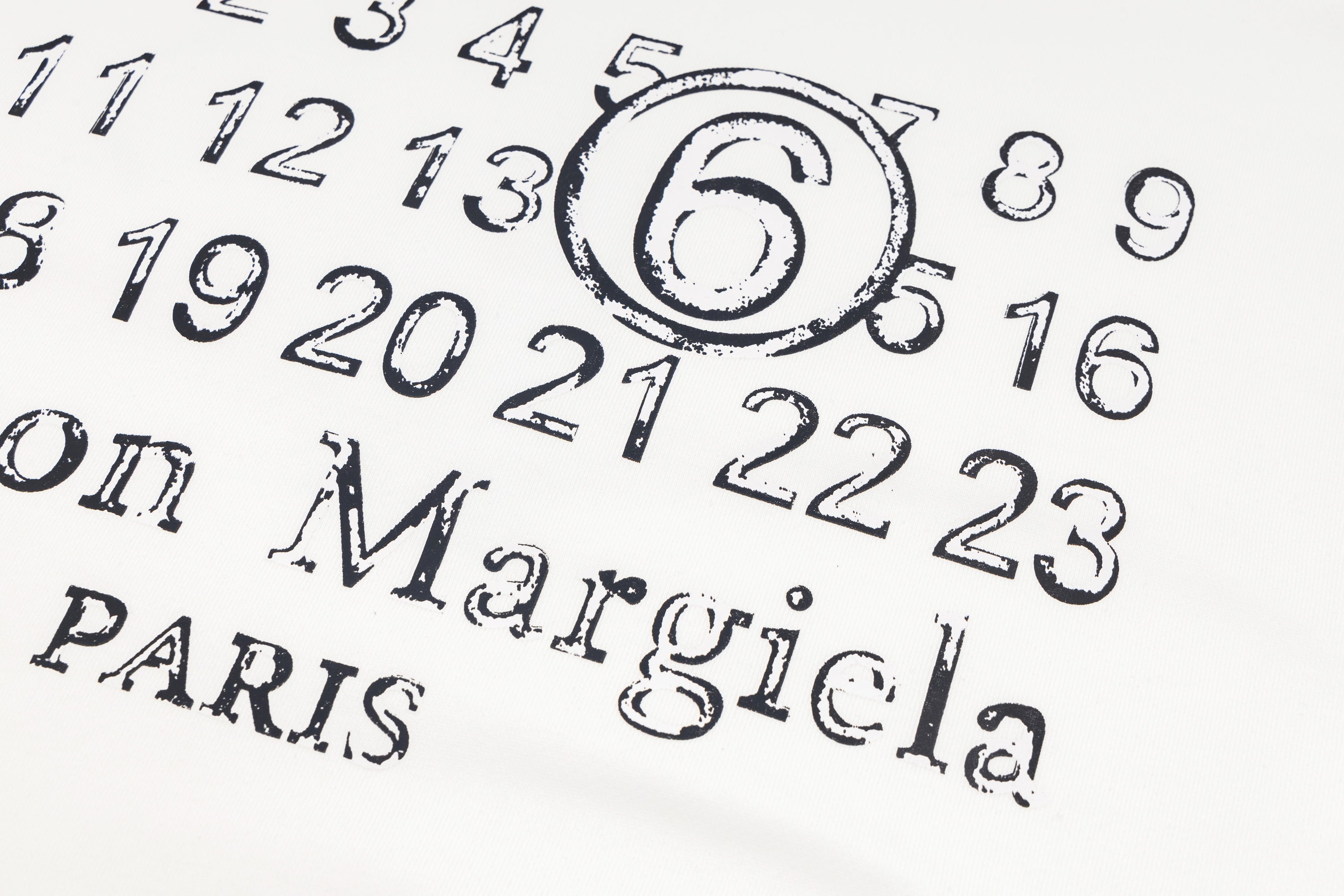 White sweatshirt back graphic with number digits and Maison Margiela PARIS text
