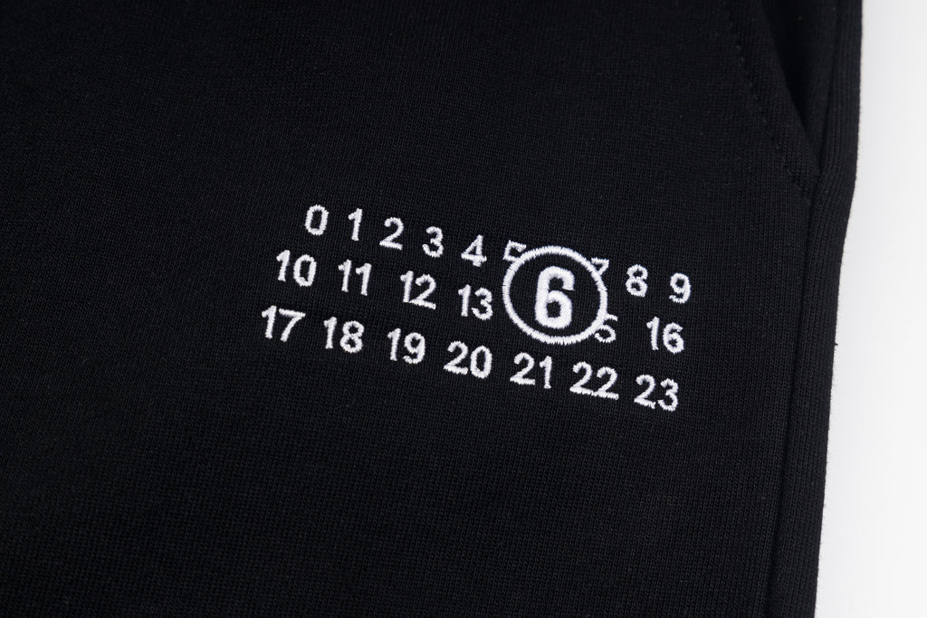 Black shorts with white printed numbers logo on leg
