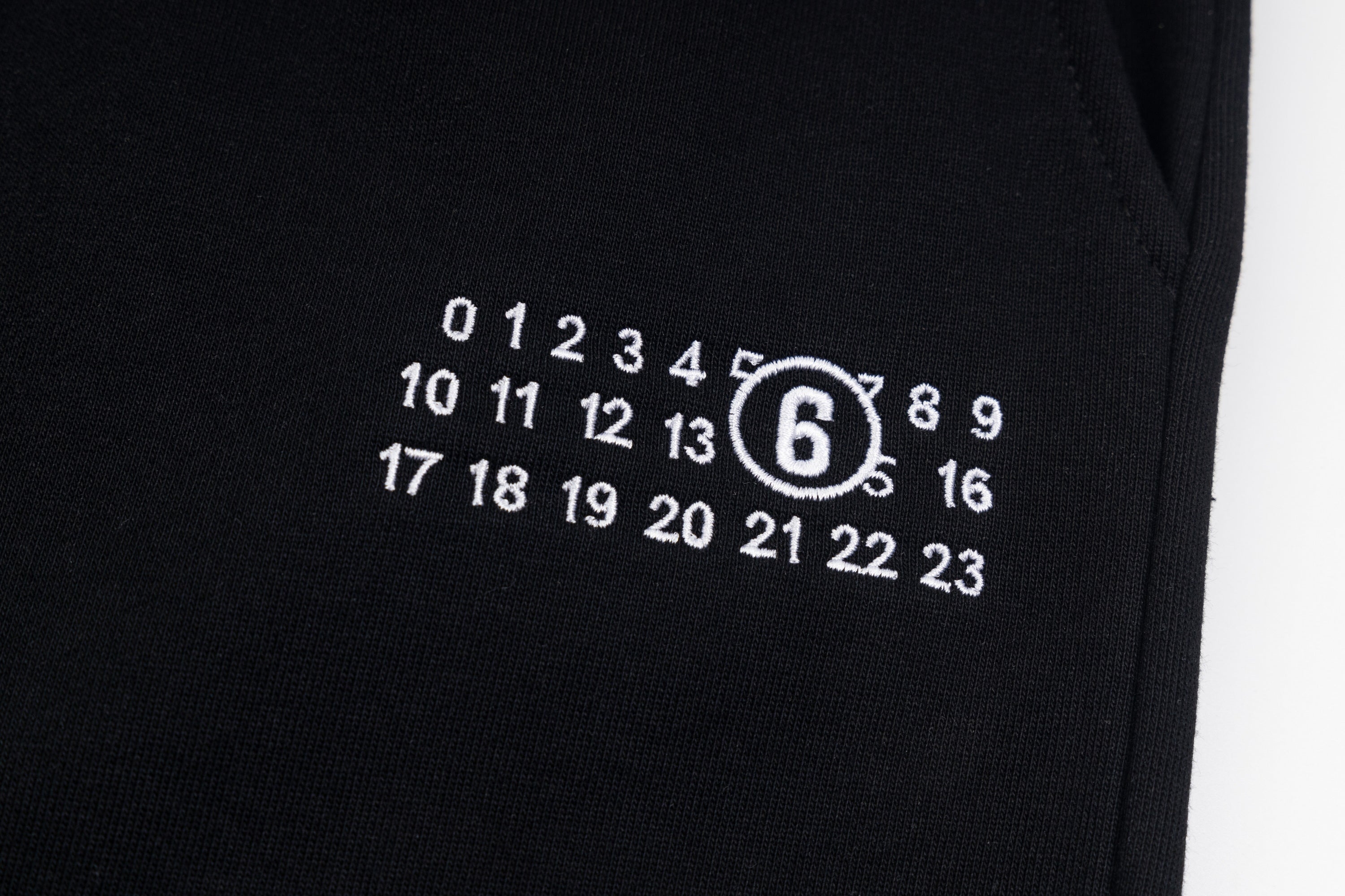 Black shorts with white printed numbers logo on leg