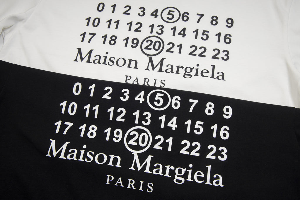 T-shirt print close-up with numerals and "Maison Margiela" "PARIS" text