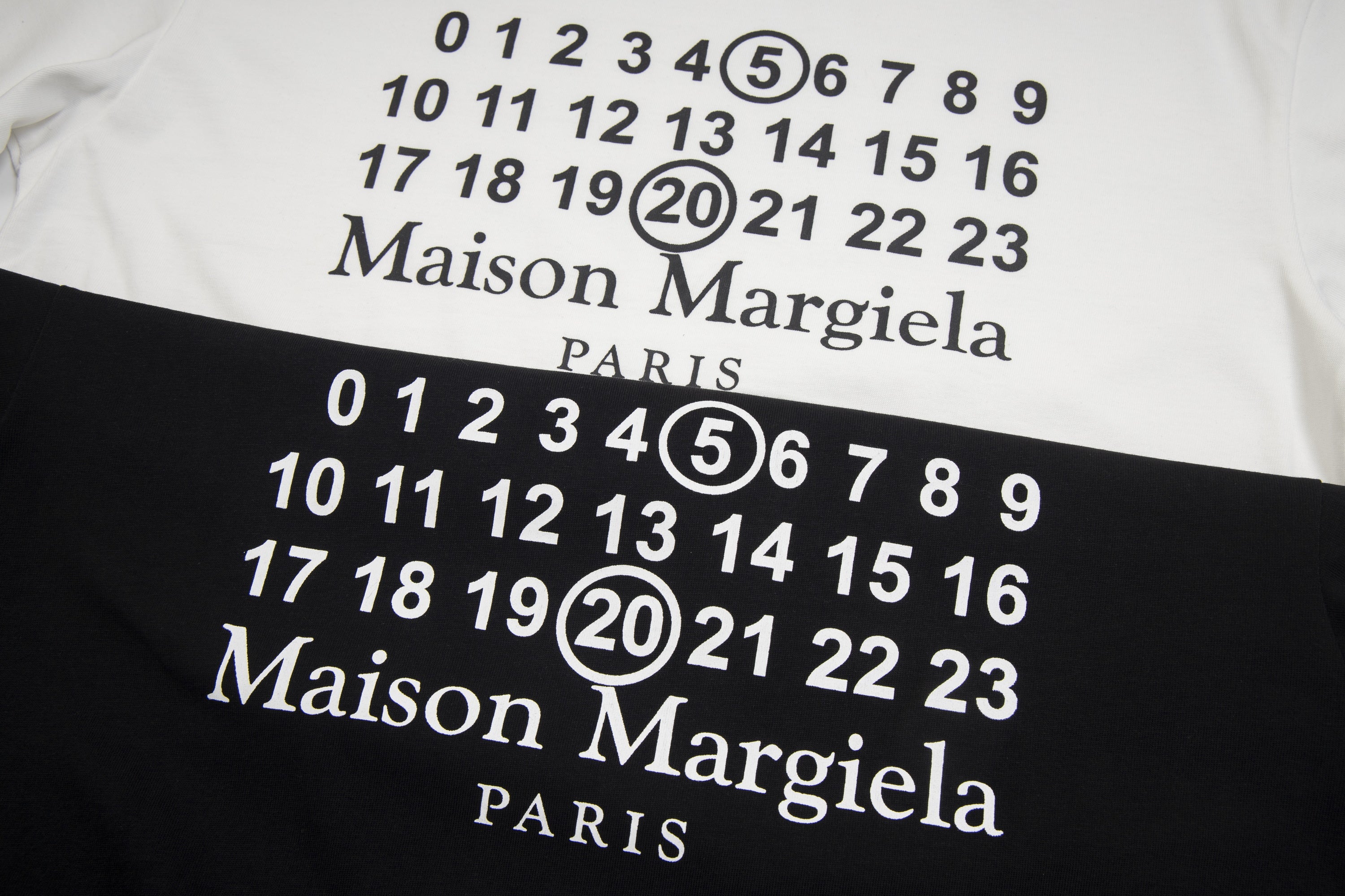 T-shirt print close-up with numerals and "Maison Margiela" "PARIS" text