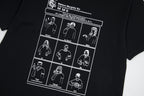 Black crewneck T-shirt with white illustrated character grid and text print