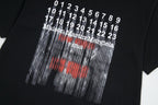 Black crew-neck T-shirt with large numbers and red/gray graphic print