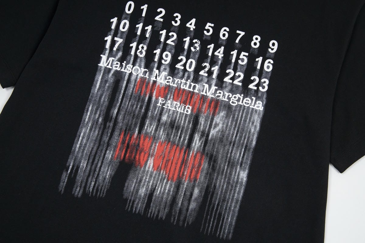 Black crew-neck T-shirt with large numbers and red/gray graphic print