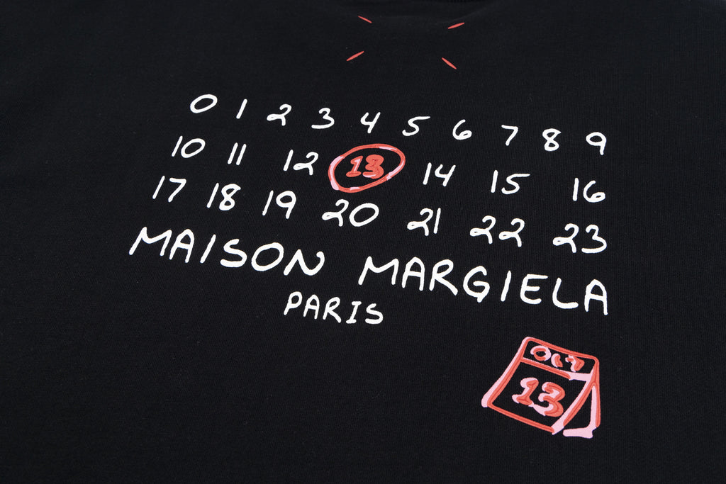 Black crewneck sweatshirt back graphic with numbers, 'MAISON MARGIELA PARIS' patch