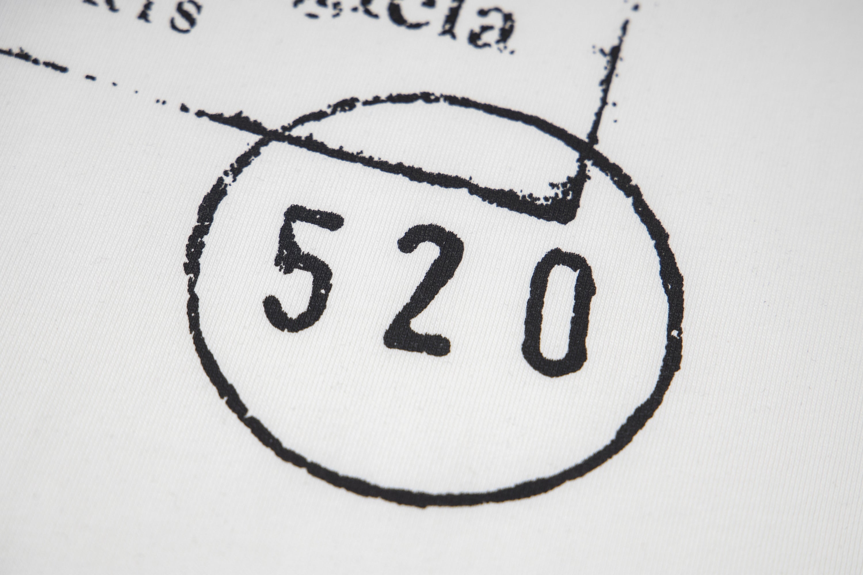 Close-up of 520 stamp on T-shirt logo patch