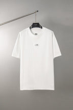 White T-shirt with crew neck and small front logo label, short sleeves