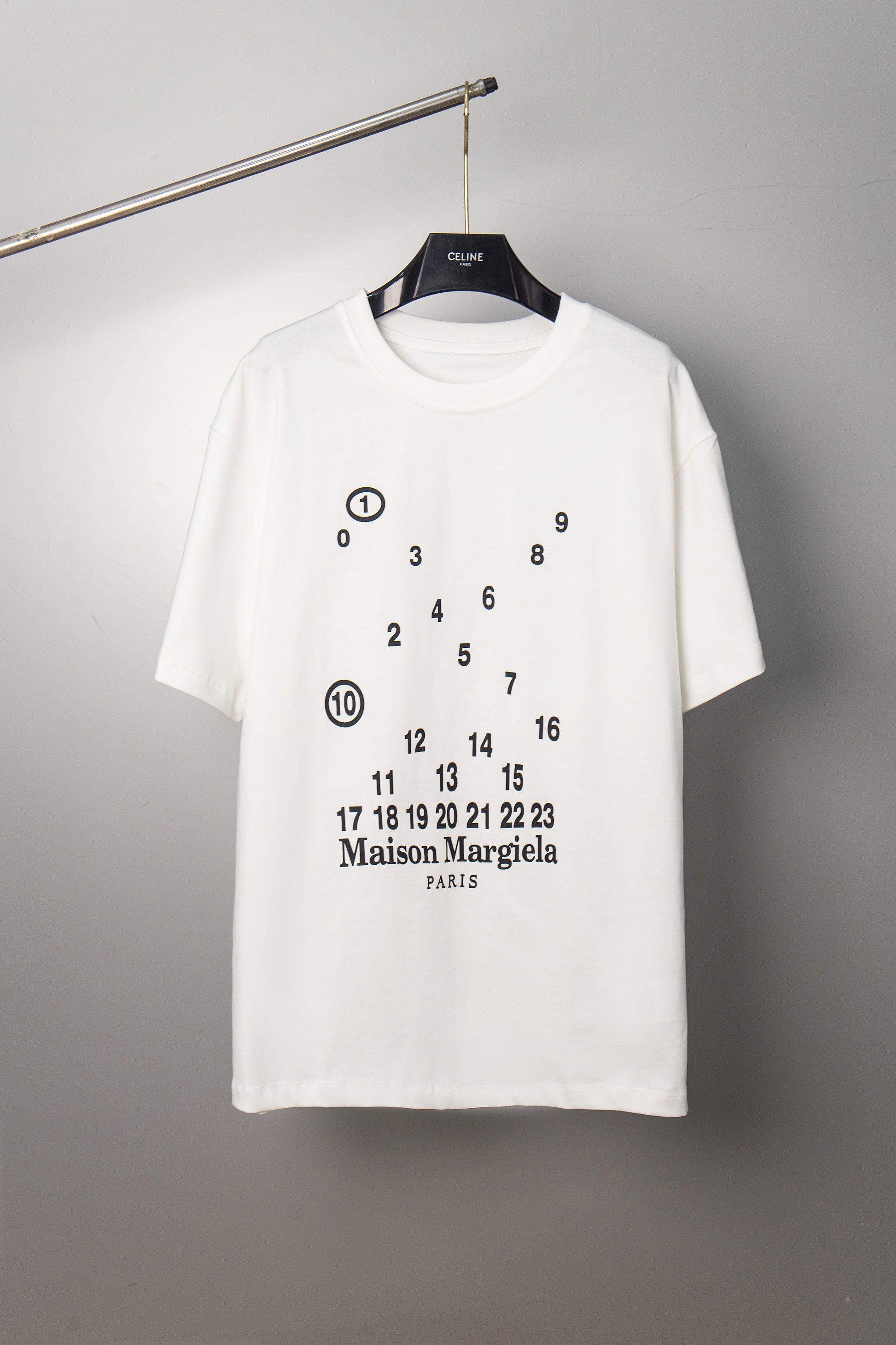 White T-shirt with number circle graphic and Maison Margiela PARIS print