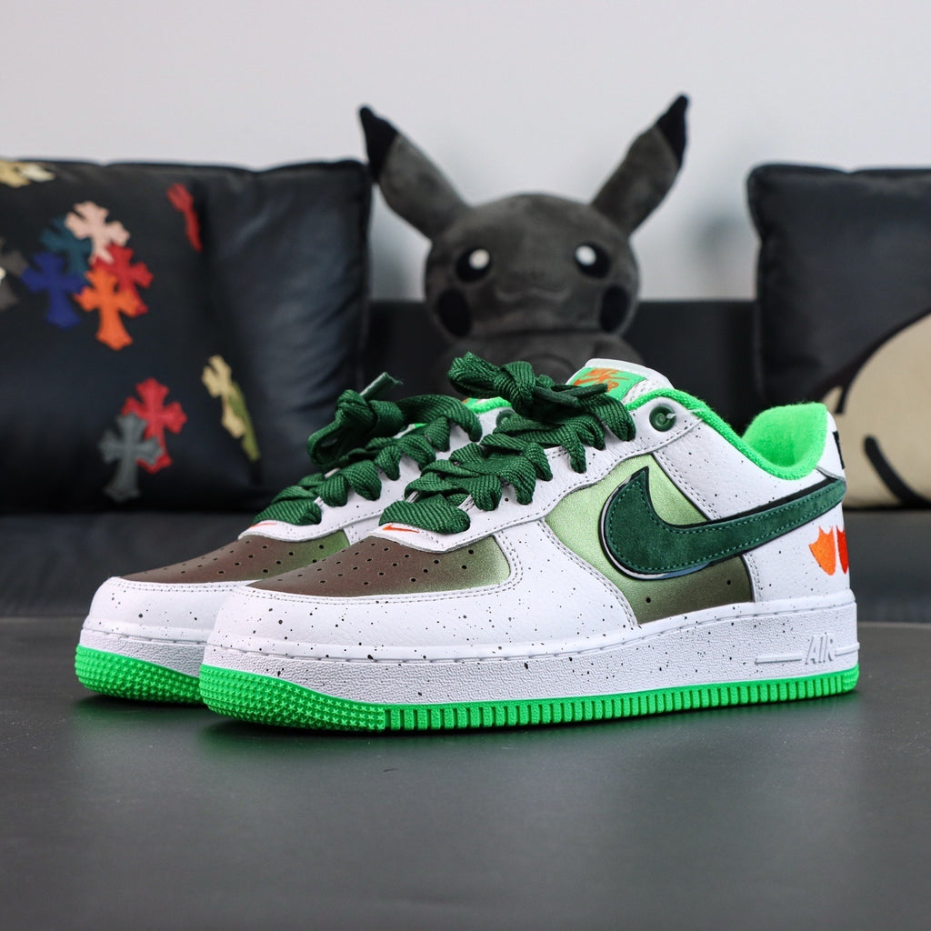 Air Force 1 sneakers, white upper with green swoosh and olive overlays; green outsole.