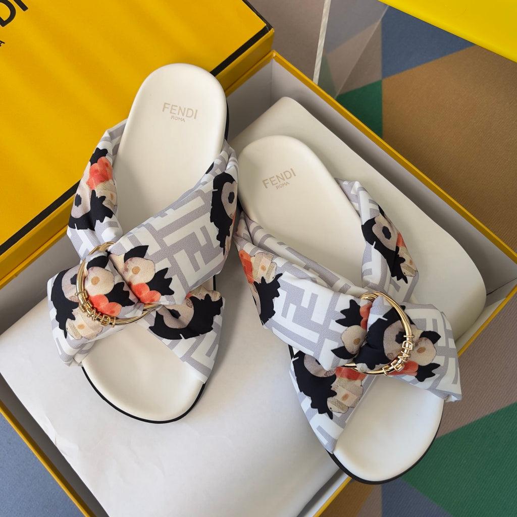 Fendi sandals in box, white slides with floral Fendi FF print and gold buckle