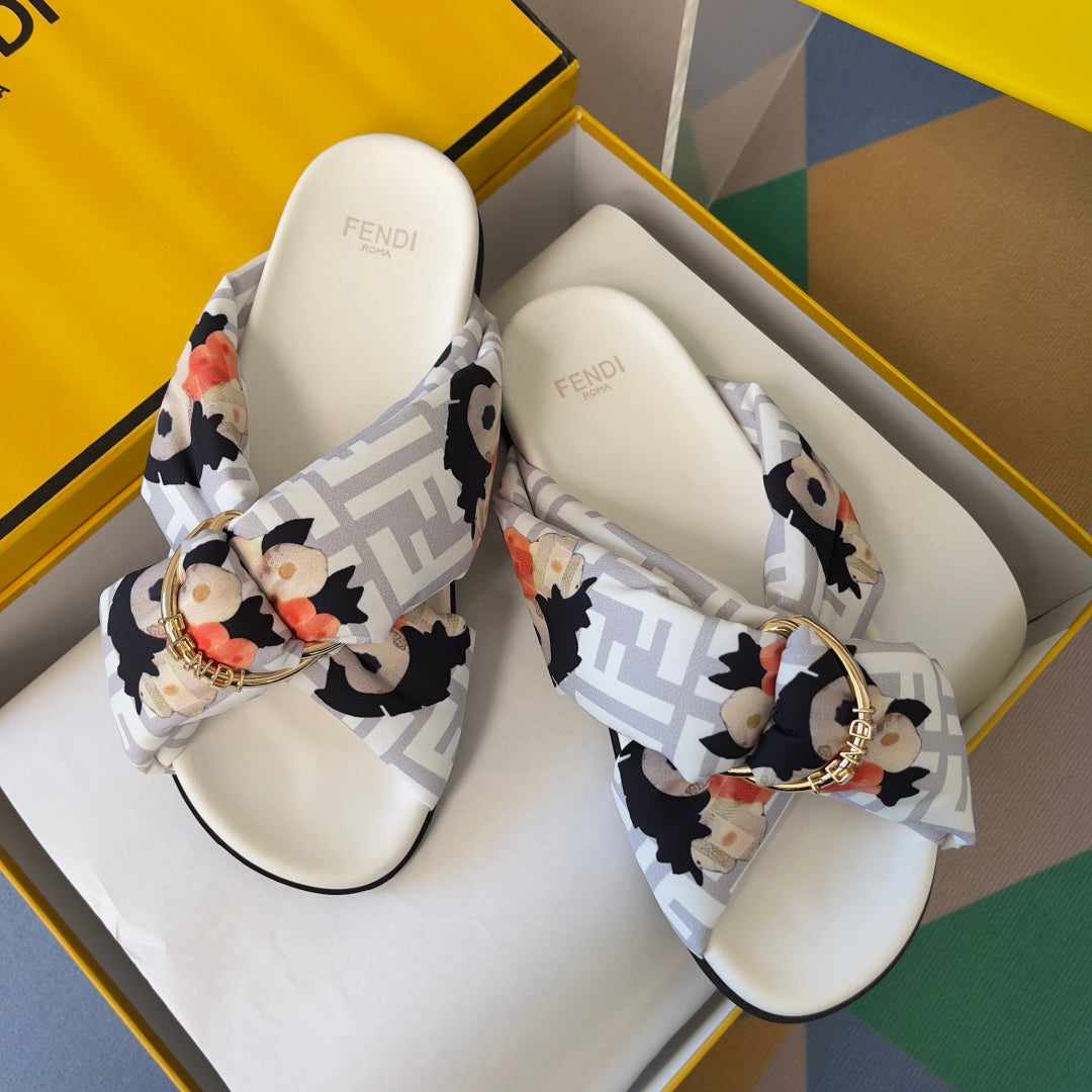 Fendi sandals in box, white slides with floral Fendi FF print and gold buckle