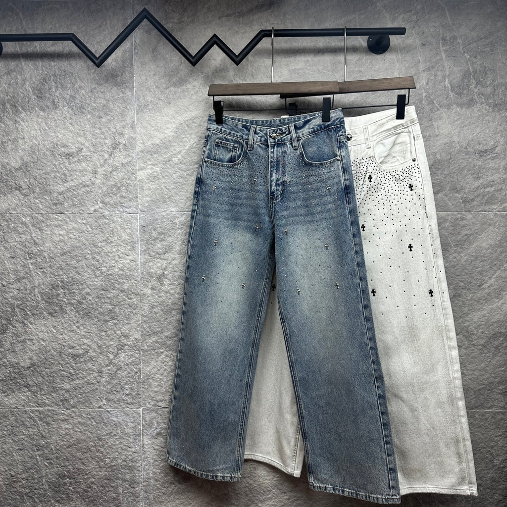 Light blue and white denim pants set, wide legs, belt loops, and distressed speckles