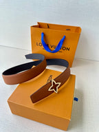 Louis Vuitton brown leather belt with star buckle, flat lay view