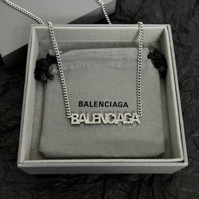 Silver Balenciaga logo pendant necklace with link chain