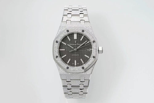 Audemars Piguet Royal Oak watch with black dial, silver bracelet, and octagonal bezel.