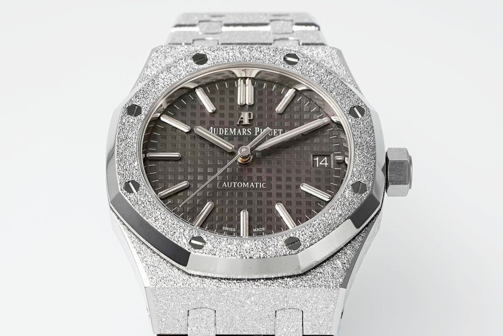 Audemars Piguet Royal Oak watch front view with black textured dial, silver bezel, and bracelet.