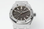 Audemars Piguet Royal Oak watch front view with black textured dial, silver bezel, and bracelet.