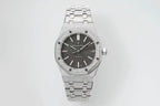 Audemars Piguet Royal Oak watch front view with black dial, silver bracelet, and round date window.