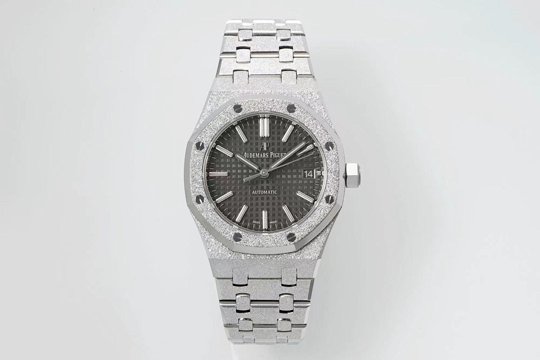 Audemars Piguet Royal Oak watch front view with black dial, silver bracelet, and round date window.