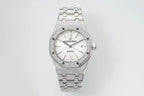 Audemars Piguet steel watch with white dial, baton markers, and link bracelet