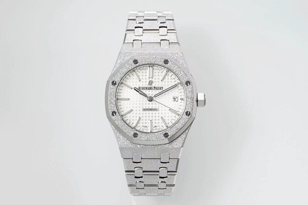 Audemars Piguet steel watch with white dial, baton markers, and link bracelet