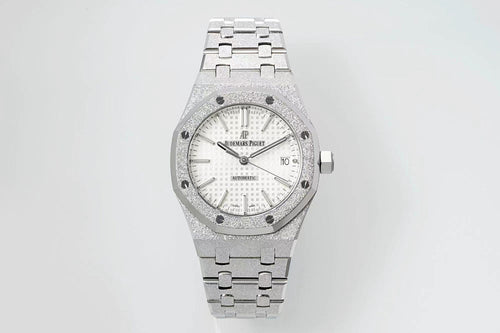 Audemars Piguet steel watch with white dial, baton markers, and link bracelet